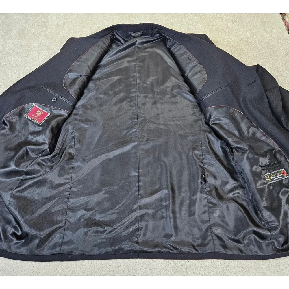 MONTEFINO UOMO Super 120s Merino Wool Blazer Jacket‎ 46L Classic Black Pinstripe